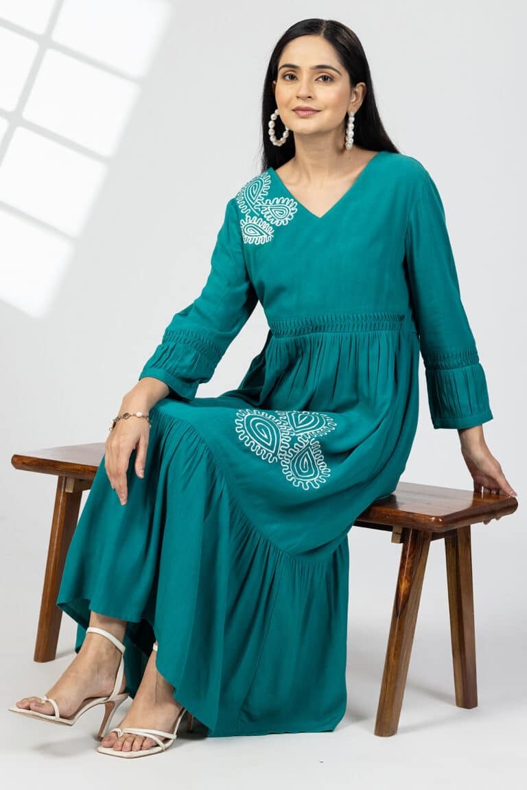 Embroidered Sea Green Maxi Dress Long For Women