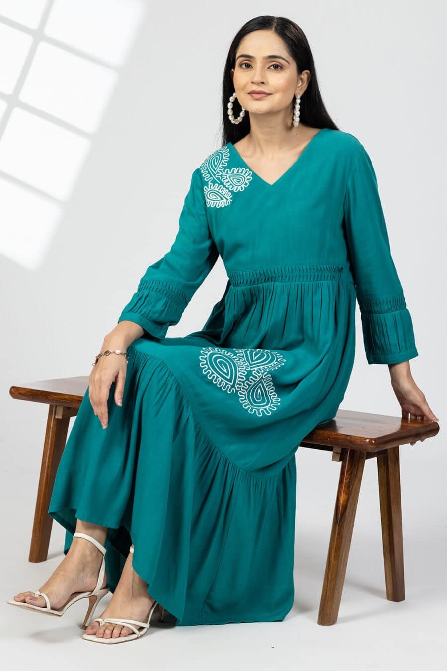 Embroidered Sea Green Maxi Dress Long For Women