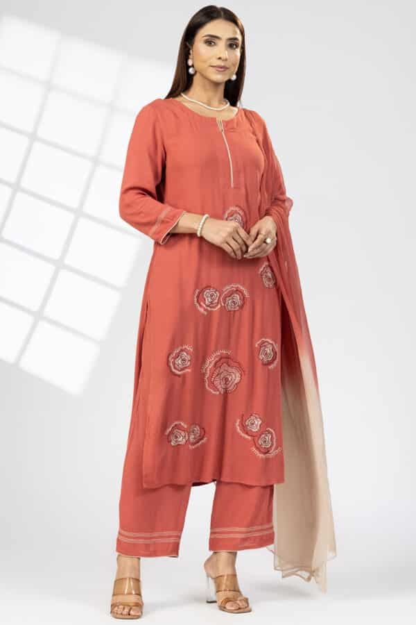 Rust Embroidered Kurti For Women