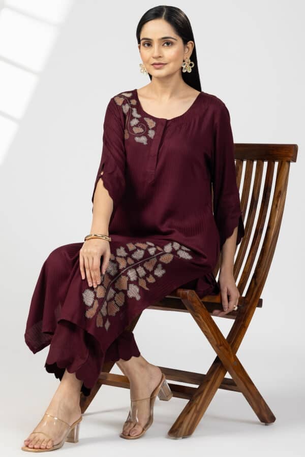 Plum Embroidered Kurta For Ladies