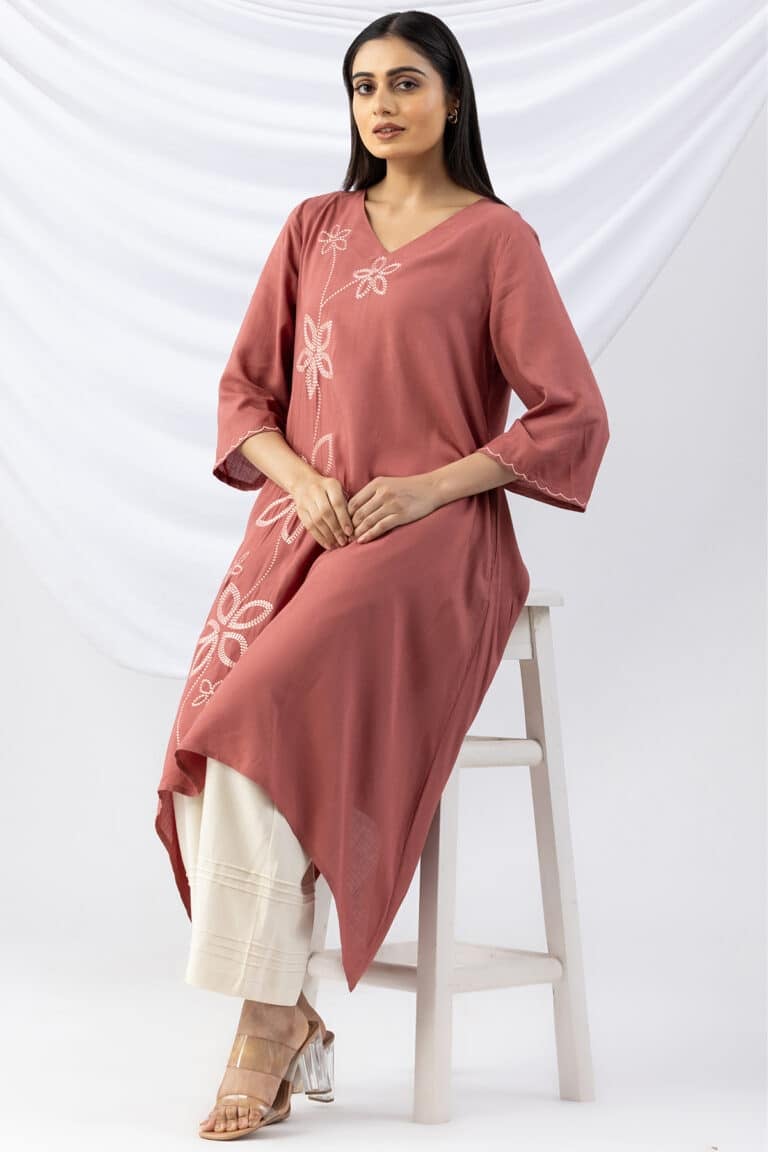 Embroidered Peach V Neck Kurti For Woman