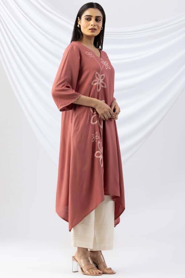 Embroidered Peach V Neck Kurti For Woman