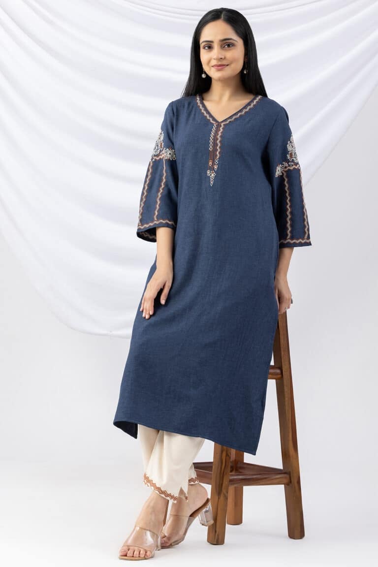 Embroidered Blue Woolen Kurti Ladies