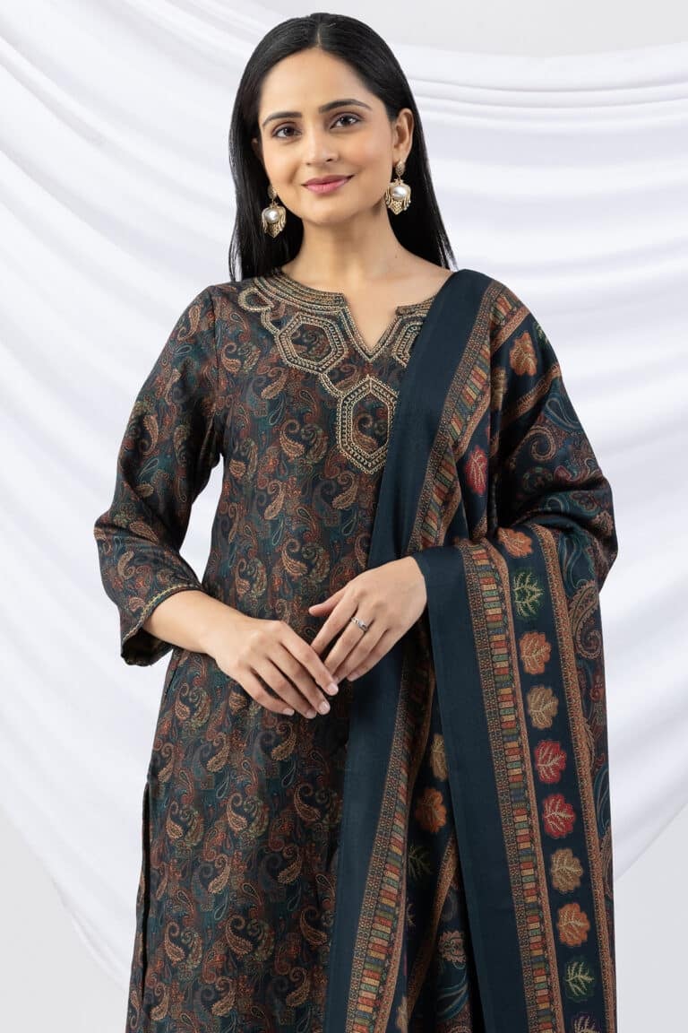 Embroidered Teal Green Winter Kurti For Woman