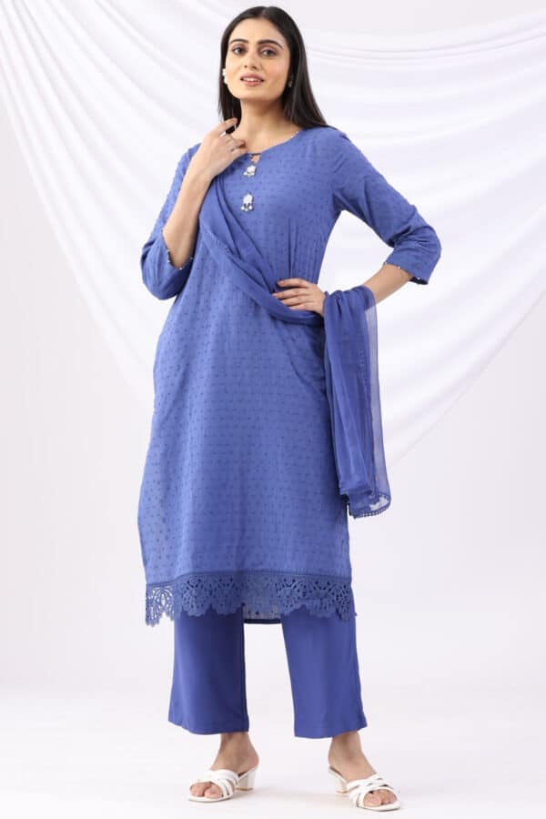 Embroidered Blue Cotton Kurti For Woman