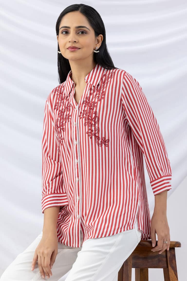 Embroidered Red Striped Shirt For Women
