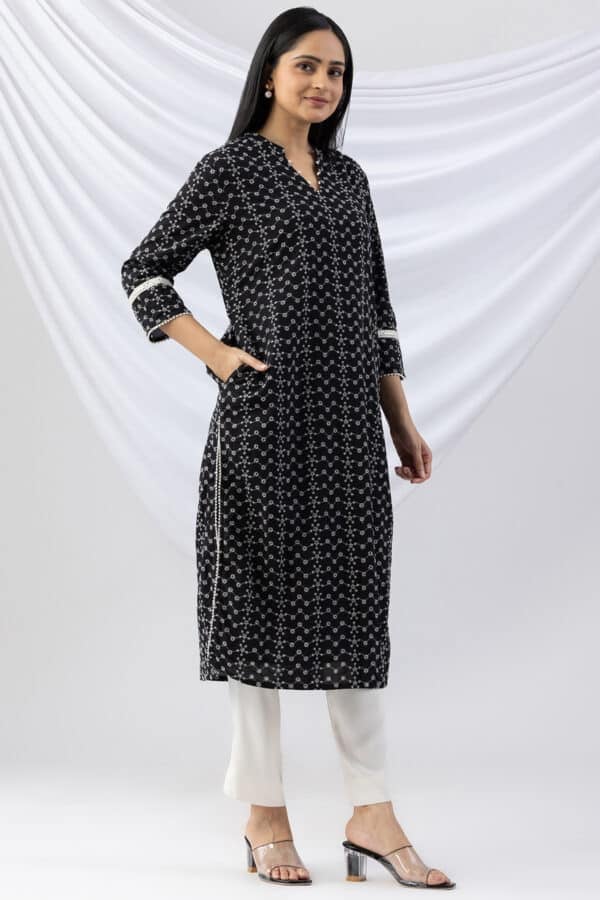 Schiffli Black Mandarin Collar Kurti Ladies