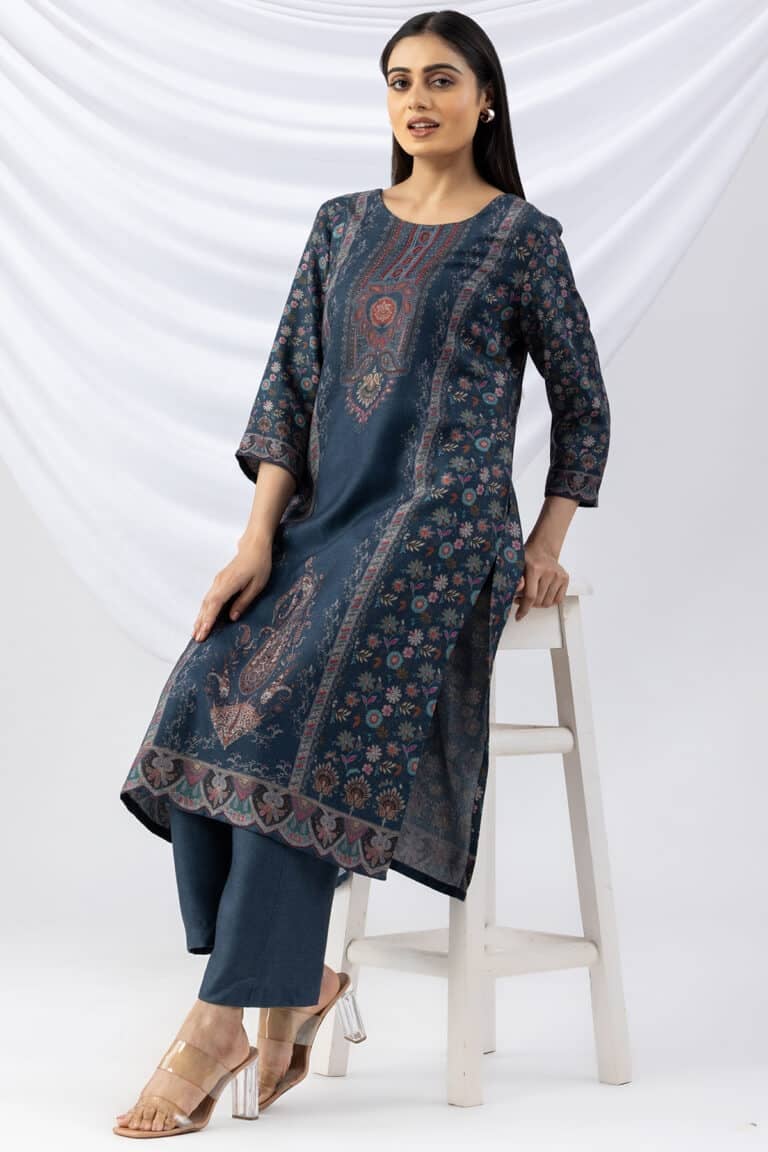 Printed Teal Winter Kurti For Ladies