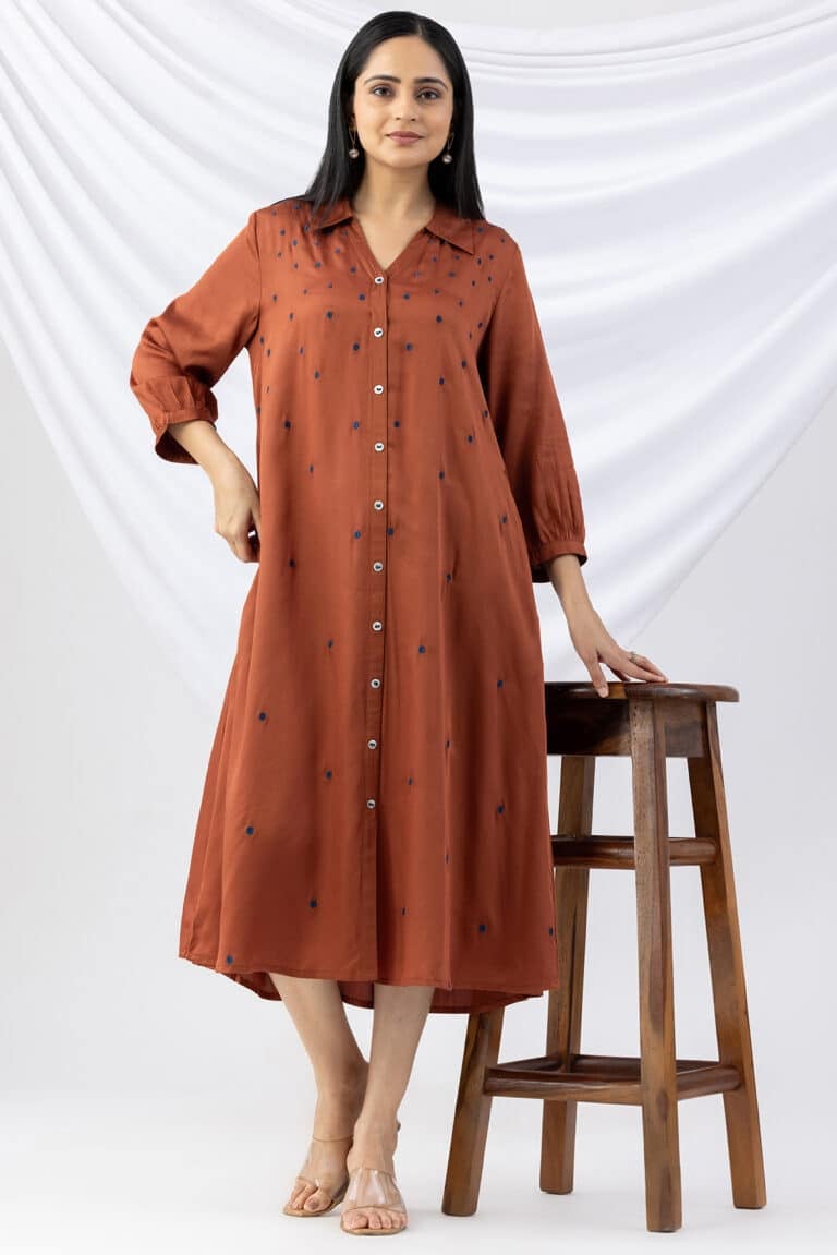 Brown Viscose Modal Satin Embroidered Dress with Collar
