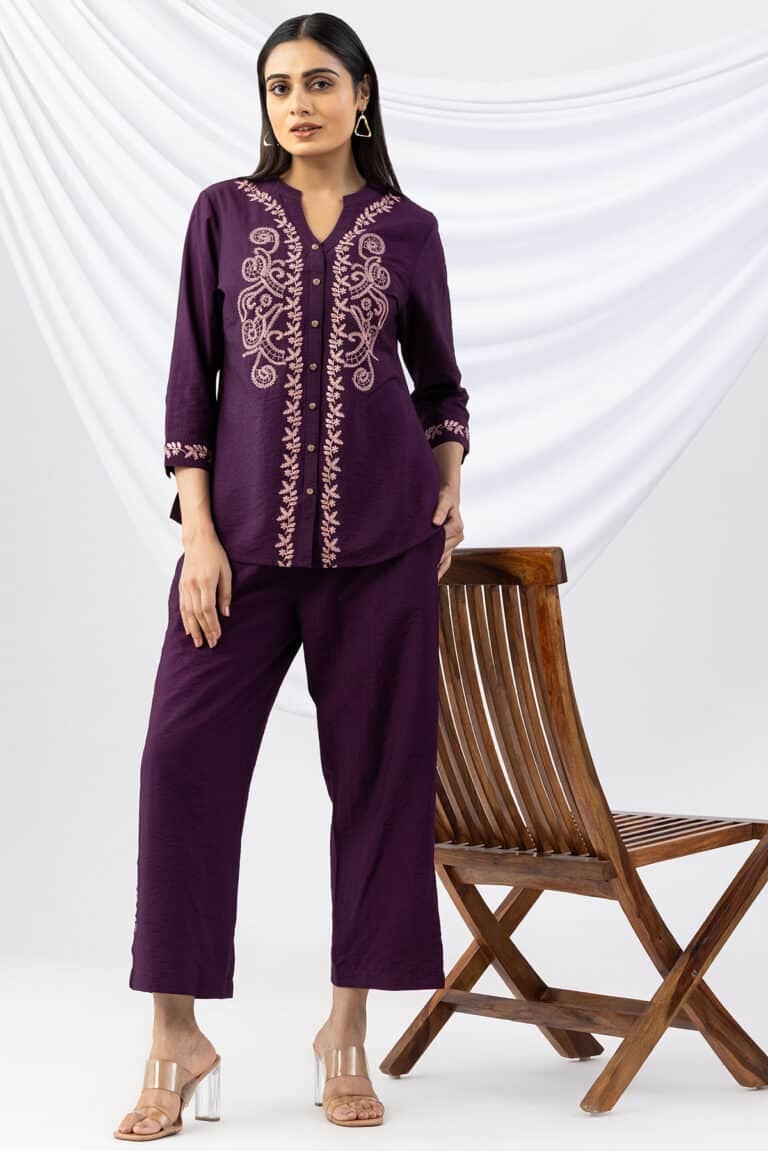 Purple Embroidered Nylon Viscose Crush Co-ord Shirt