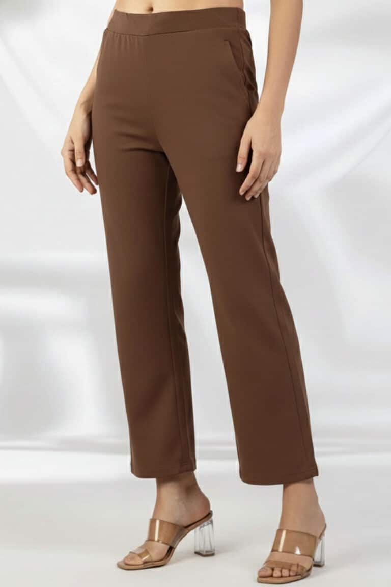 Solid Slim Fit Brown Pant For Women