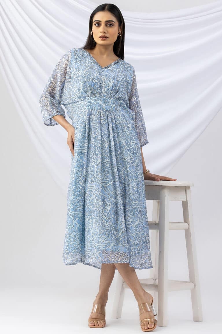 Printed Sky Blue Kaftan Dress Woman