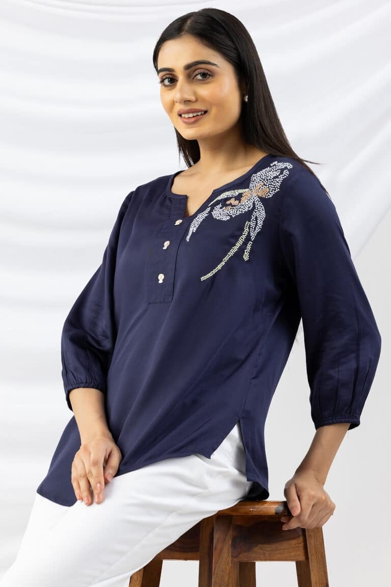 Navy Blue Embroidered Viscose Casual Top for Women – Round Neck, 3/4th Sleeves