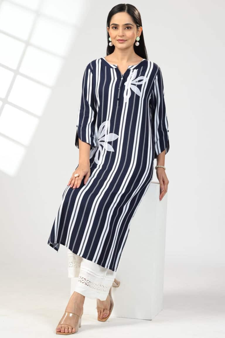 Blue Embroidered Viscose Kurti for Women – Flat Neck, 3/4th Sleeves, Straight Cut