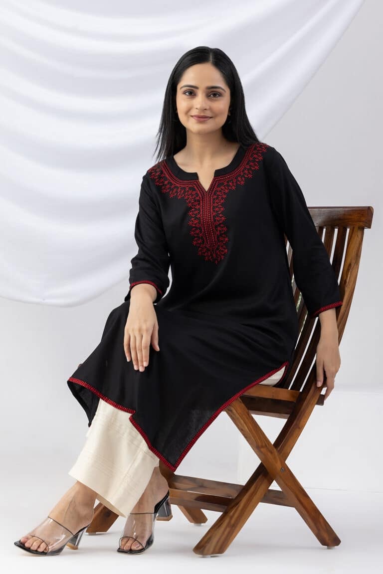 Black Embroidered Viscose Kurti for Women – Round Neck, 3/4th Sleeves, Straight Cut