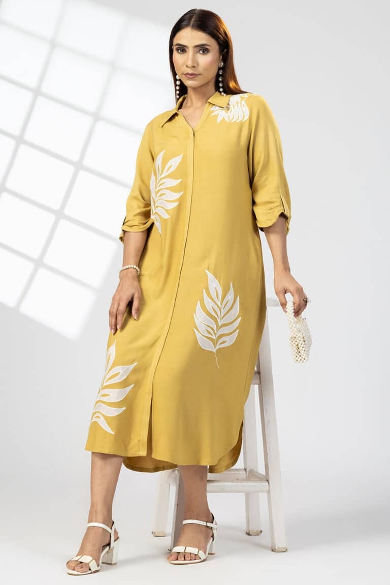 Mustard Embroidered Viscose Dress – Collared Neck