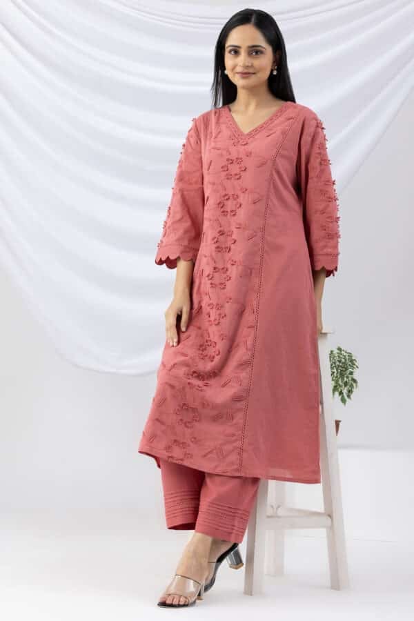 Petal Pink Cotton Embroidered Kurti